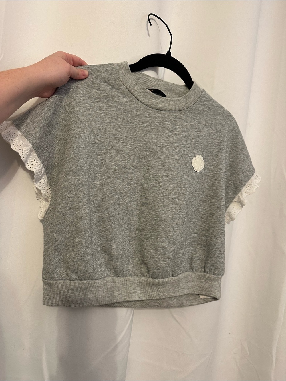 Maje Gray Cropped Sweatshirt with Lace Trim